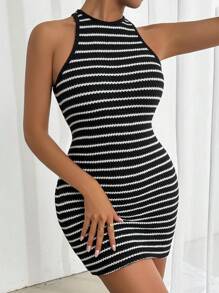 Zolique Sleeveless Striped Round Neck Short Bodycon Dress, Casual Wear - Black - View 6