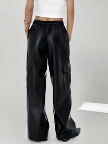 Easelle Solid Color Wide Leg Leather Pants With Multiple Pockets, Daily Casual Wear - Black - View 2
