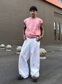 Manfinity Roghcode Y2K Vintage Street-Style Men's Washed-Out Stained Denim Baggy Jeans In Beige, Distressed Look - Beige - View 5