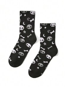 XMorfina Artist Dark Halloween Skeleton Pattern Jacquard Mid-Calf Socks, Holiday