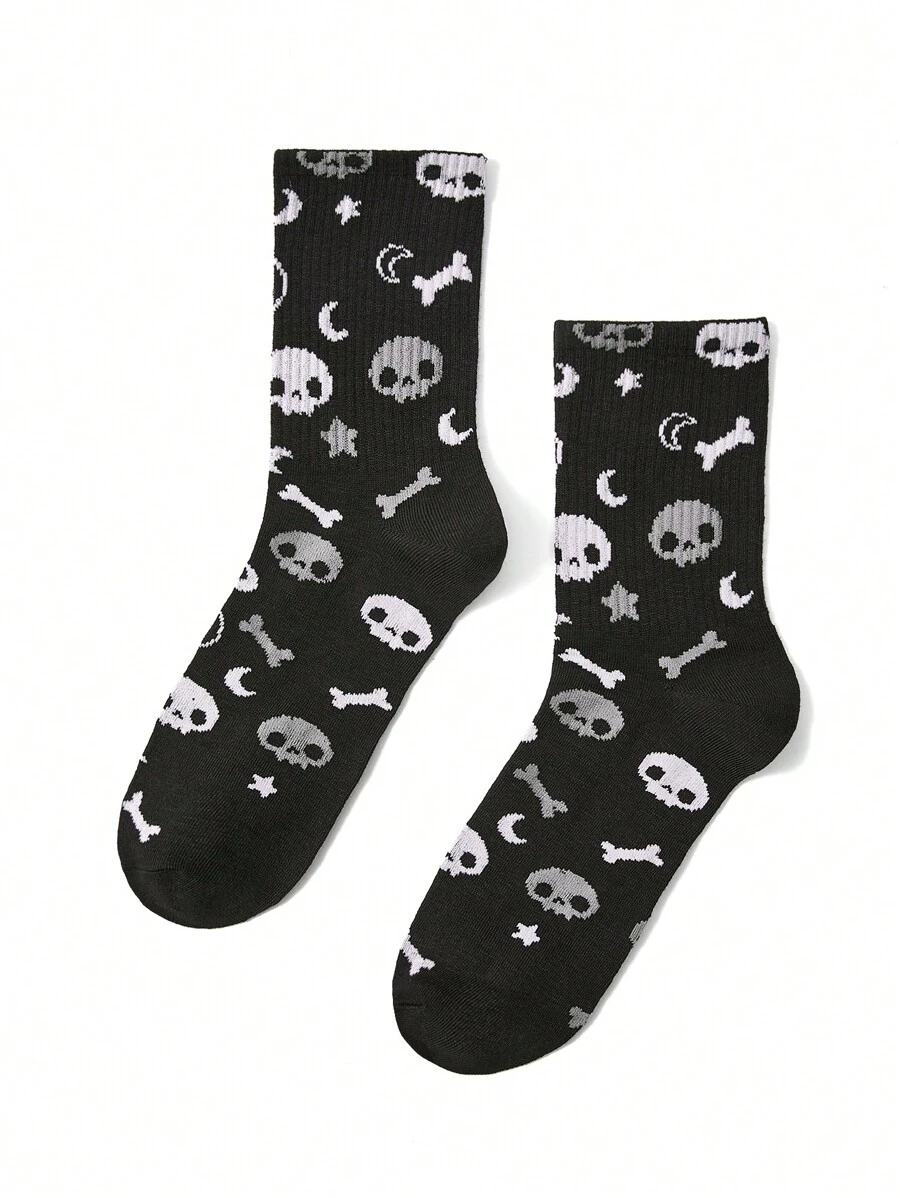 XMorfina Artist Dark Halloween Skeleton Pattern Jacquard Mid-Calf Socks, Holiday