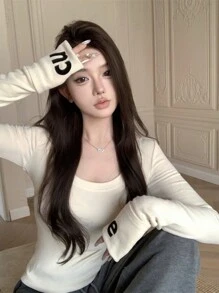 女士春夏圆领长袖字母印花 T 恤