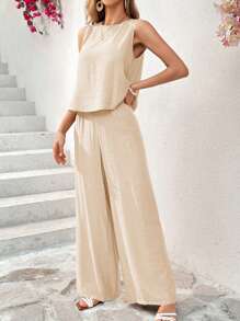 SHEIN Essnce Bộ đồ hai mảnh áo cổ tròn không tay màu trơn và quần thường ngày cho nữ - Màu be - Xem 3