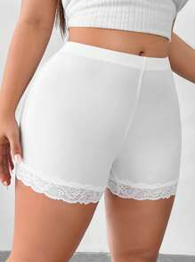 SHEIN EZwear Dành cho nữ cỡ lớn màu đen Ice Silk Vải dệt kim có gân, viền ren màu trơn, quần short đi xe đạp cạp cao thông thường phù hợp cho mọi trận đấu để mặc hàng ngày - trắng - Xem 4