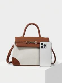 MOTF PREMIUM LADIES FASHION METAL BAMBOO ACCENT TWO TONE FLAP TOP HANDLE BAG, BAG FOR WOMEN ELEGANT, LUXURY - Brown - View 5
