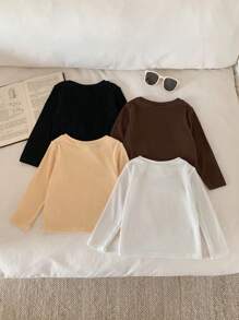 SHEIN Babygirl Basic Simple Solid Color Stretchy Long Sleeve Top, Autumn & Winter, Multi-Pack - Black - View 2