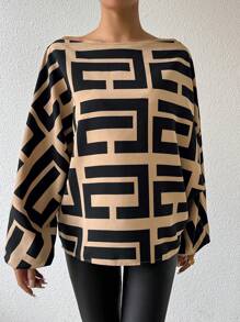 EMERY ROSE 不对称领口几何印花休闲长袖衬衫单肩上衣 - 卡其色 - 查看 5