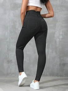 Pantalones largos, informales y de cintura alta para mujer, de unicolor y ajustados