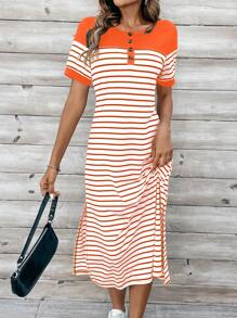 EMERY ROSE Women's Summer Striped Round Neck Short Sleeve Button Design Casual T-Shirt Dress With Side Slit Hem Maxi Women Outfit - Multicolor - View 5