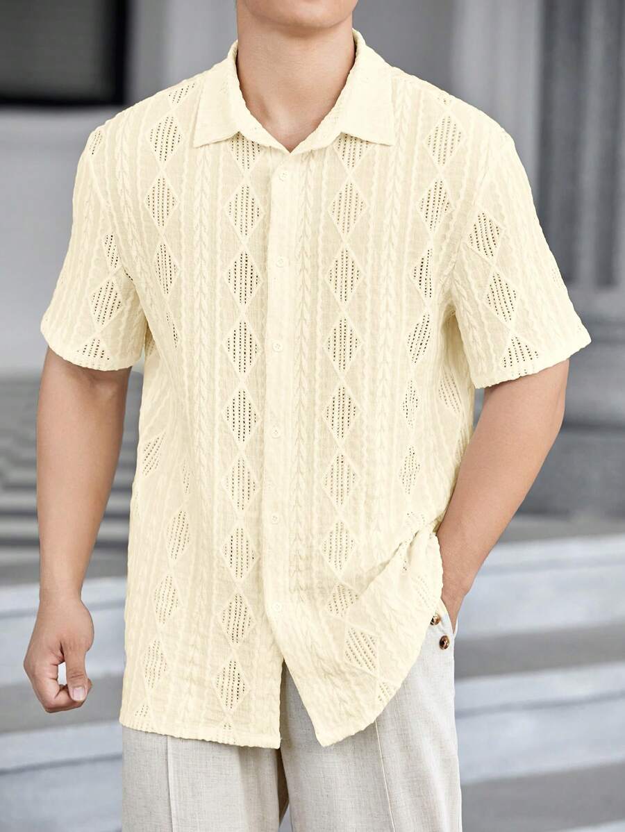 GENTILAND Men's Summer Casual Solid Color Textured Short Sleeve Shirt - Yellow - View 1