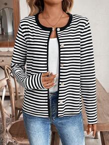 Chiquease Women's Casual Striped Jacket, Long Sleeve, French Style, Daily Wear And Commuting