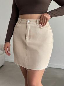 SHEIN Cottnline Plus Solid Frayed Hem  Casual Skirt - Beige - View 7
