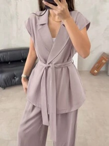 Chiquease Áo blazer thắt lưng có cổ ve áo - Cà phê nâu - Xem 5