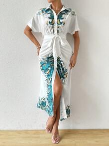 Chiquease Resort & Casual in hoa tay áo cánh dơi cài cúc phía trước váy dài xếp nếp - Nhiều màu - Xem 6