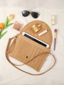 SHEIN 女士极简翻盖包、编织斜挎信封包、女士度假包、假日包、草编钱包、草编沙滩包、沙滩必需品、沙滩必备品、沙滩用品和夏季必备品、最适合海滩氛围的女士包、夏季时尚度假包