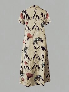 Vestido camisa de manga larga con estampado de lino para mujer - Multicolor - Ver 3