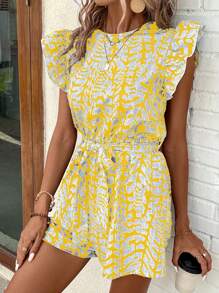 SHEIN LUNE Women's Round Neck Flounce Edge Allover Print Jumpsuit With Elastic Waistband, Suitable For Leisure Vacation - Mustard Yellow - View 1