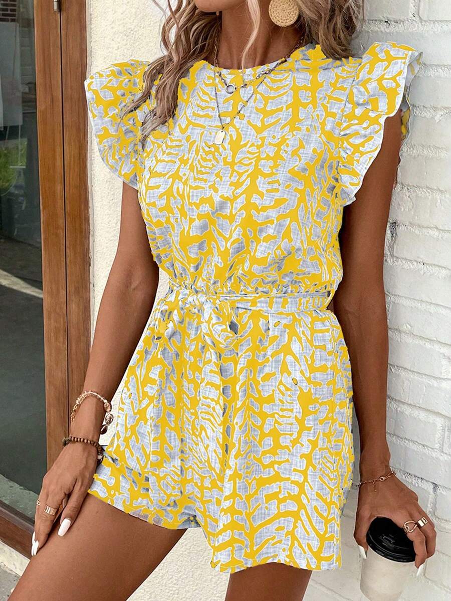 SHEIN LUNE Women's Round Neck Flounce Edge Allover Print Jumpsuit With Elastic Waistband, Suitable For Leisure Vacation - Mustard Yellow - View 1