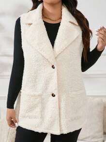 SHEIN Essnce Plus Size Sleeveless Turn-Down Collar Vest With Pockets, For Winter