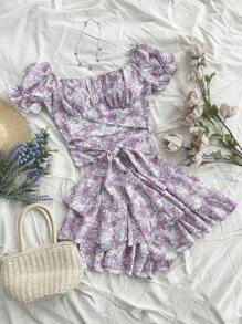 Soleia 女士复古紫色碎花泡泡袖后系蝴蝶结短款上衣和裙子套装，派对/度假休闲装 - 彩色 - 查看 1