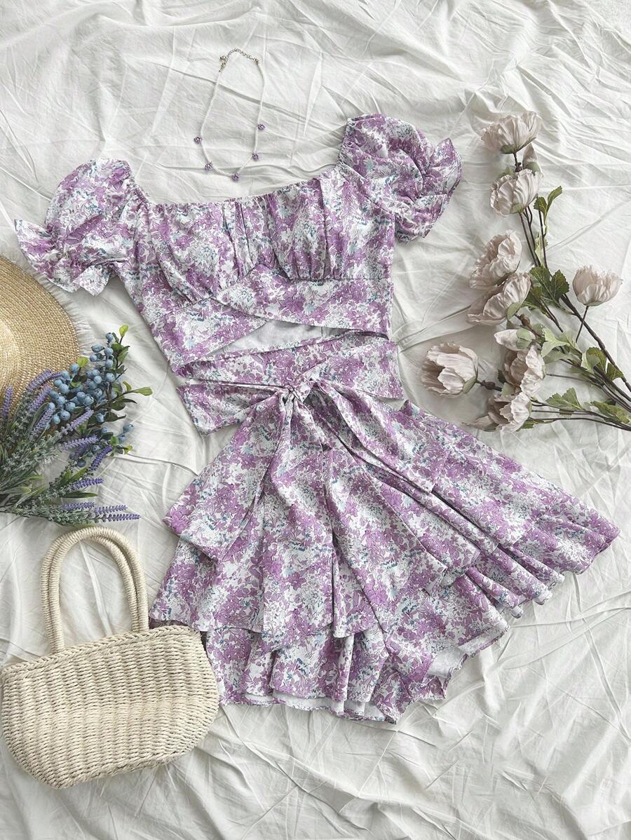 Soleia 女士复古紫色碎花泡泡袖后系蝴蝶结短款上衣和裙子套装，派对/度假休闲装 - 彩色 - 查看 1