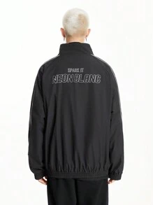 Manfinity VCAY Men's Street Style Woven Jacket With Ripped Holes, Reflective Stripes, Stand Collar, Zipper Front, Logo Ink Print, Long Sleeve, Suitable For Autumn And Winter - Black - View 7