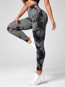 Easithlete 扎染健身紧身裤 收腹运动紧身裤 健身紧身裤 瑜伽裤 女款 - 深灰色 - 查看 5