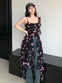 DAZY 女士全印花花卉背心裙 - 黑色 - 查看 1