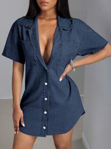 SHEIN SXY Ladies' Short Sleeve Denim Mini Dress With Lapel Collar, Front Buttons And Pockets, Casual Daily Wear