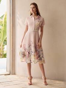 MOTF PREMIUM ORGANZA FLORAL PRINT RAGLAN SLEEVE FLARE HEM MIDI DRESS, WOMEN OUTFIT