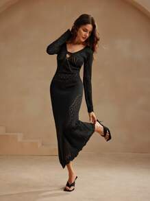 Anewsta Váy dệt kim hở lỗ cutout thanh lịch - màu đen - Xem 4