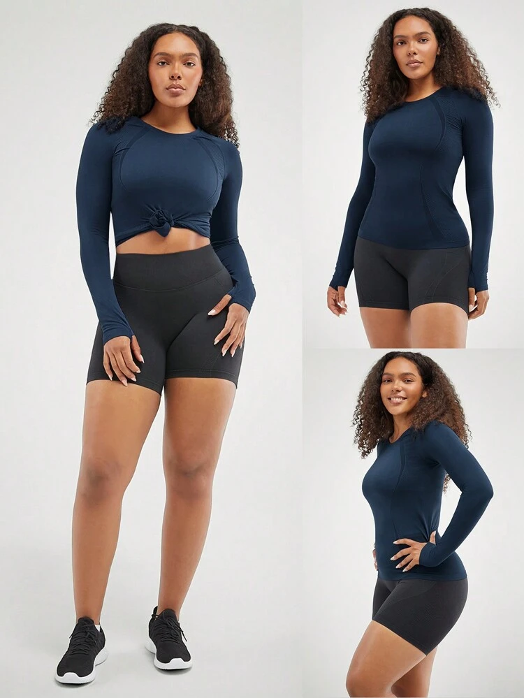 Seamless Slimfit Long Sleeve Top Hip Length Antibacterial Lightweight Summer Gym