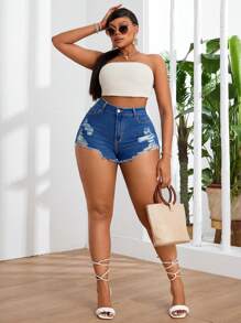 SHEIN SXY Plus Size Women's Frayed Edge Denim Shorts With Pockets, Elasticity And Ripped Details - Medium Wash - View 4