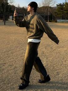 DAZY Men's Autumn Letter Print Pullover Sweatshirt - Green - View 5