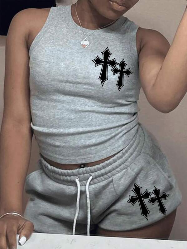 Slaydiva Tenue de sport femme minimaliste décontractée avec imprimé croix, débardeur à col rond sans manches avec poches et short, ensemble 2 pièces, convient pour l'été