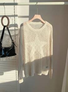 SHEIN EZwear Women's Early Autumn Large Mesh Hollow Star Pattern Sweater, Suitable For Daily Wear, Best-Selling Style
