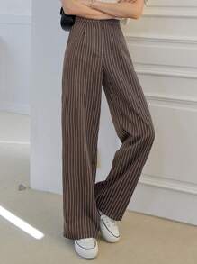 DAZY Women Striped Pleated Pocket Straight Leg Loose Casual Pants, Business Casual - Brown - View 6