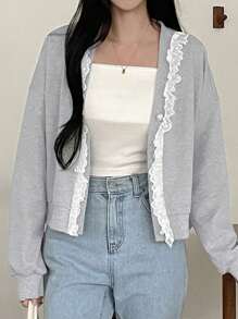 DAZY Women's Lace Decor Simple Daily Long Sleeve Jacket - Light Grey - View 4