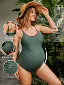 SHEIN Đồ bơi một mảnh đơn giản dành cho bà bầu màu trơn hàng ngày, Bộ đồ tắm đi biển mùa hè - Màu xanh lá cây đậm - Xem 1