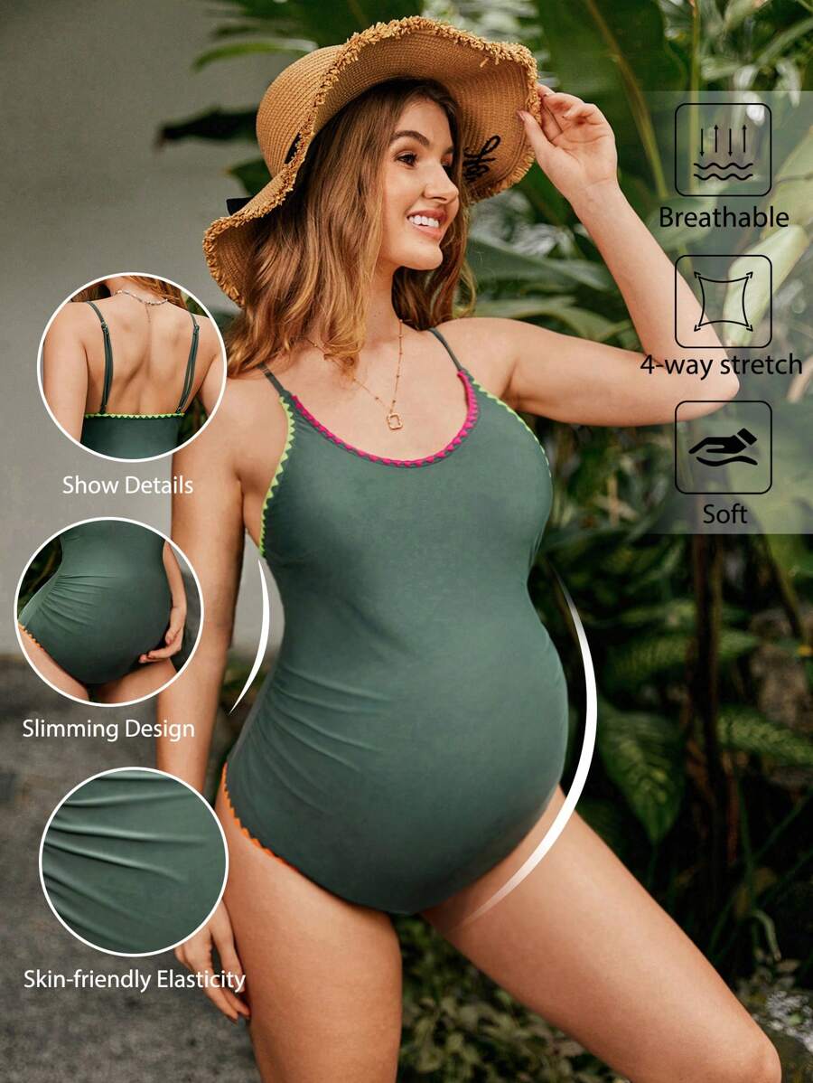 SHEIN Đồ bơi một mảnh đơn giản dành cho bà bầu màu trơn hàng ngày, Bộ đồ tắm đi biển mùa hè - Màu xanh lá cây đậm - Xem 1