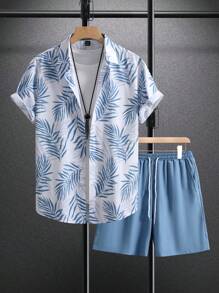 Manfinity RSRT Áo sơ mi nam tay ngắn in họa tiết cây Hawaii cài nút phía trước và quần short túi màu trơn trang phục thường ngày mùa hè, trang phục ấm áp - Màu xanh bụi bặm - Xem 4