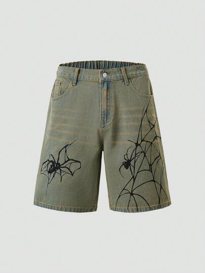 Goth Men's Y2K Spider Printed Denim Shorts, School