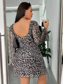 SHEIN EZwear Plus Size Women's Leopard Mesh Print Dress - Multicolor - View 3