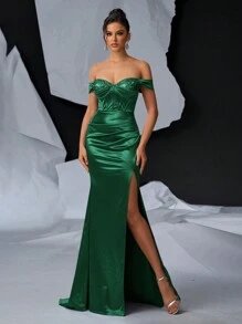 Glamrae Elegant, Gorgeous And Sexy Off-Shoulder Dress With Shiny Satin Decoration Cup, Boning And Fishtail Ruched Slit Dress For Formal Occasions And Evening Parties Prom, Wedding Guest Gown, For Graduation, Dinner Party Dress - Dark Green - View 6