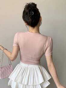 DAZY Women's Valentine's Pink Bow Decor Short Sleeve Tee Cute Tops