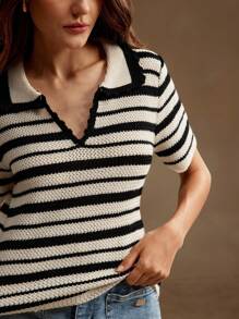 Anewsta Women's Urban Casual Colorblock Black & White Striped Short Sleeve Knit Top, Spring/Summer - Black and White - View 2