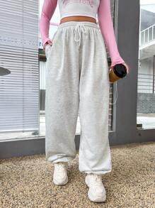 Flirla Solid Drawstring Waist Slant Pocket Sweatpants Graduation,Back To School Outfits,Graduation,Teacher Outfits For Women,Back To School - Light Grey - View 4