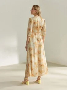 MOTF PREMIUM ALLOVER FLORAL PRINT V-NECK LANTERN SLEEVE RUCHED WAIST DRESS - Yellow - View 5