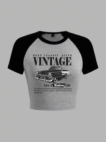 Attitoon 休闲简约汽车图案圆领短袖撞色修身短款上衣T恤，适合夏季 - 灰色 - 查看 2