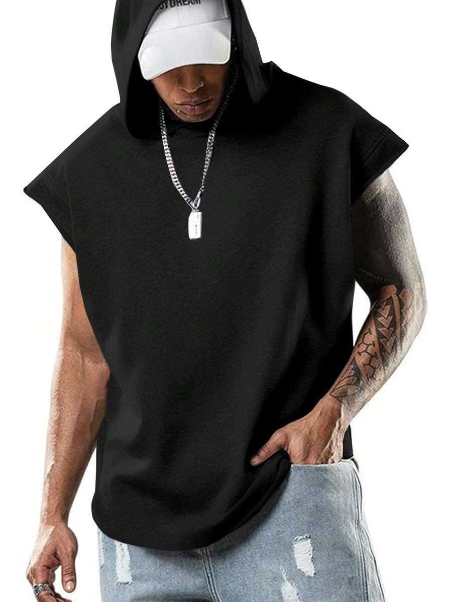 Manfinity Dauomo Men's Summer Solid Color Hooded Casual Top, Versatile - Black - View 1